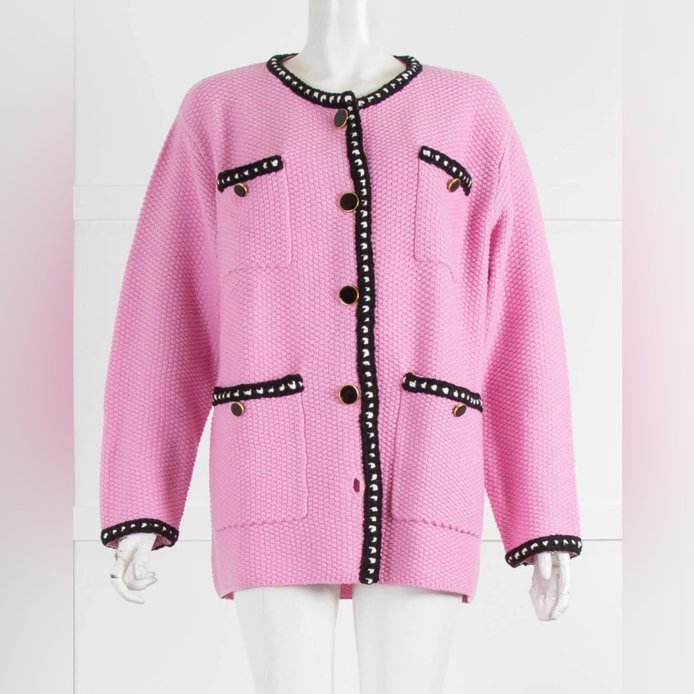 Essentiel Antwerp Pink Cardigan Sweater with Black Trim and black buttons size L